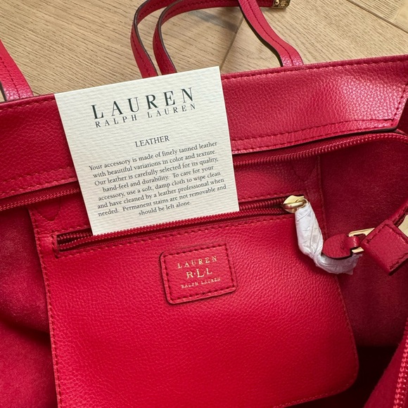 NWOT Lauren Ralph Lauren Crawley Red Leather Unlined Large Tote Bag - Picture 7 of 8